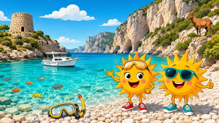 Gezeichnete Urlaubsszene aus Sardinien mit den Maskottchen Sunny und Ray