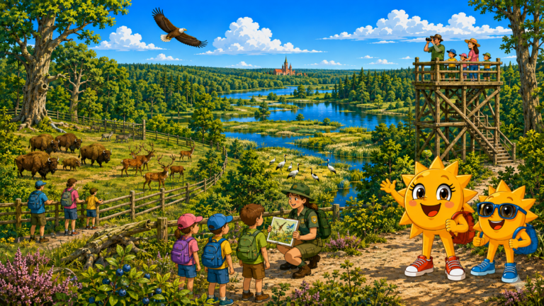 Gezeichnete Urlaubsszene aus Schorfheide-Chorin mit den Maskottchen Sunny und Ray