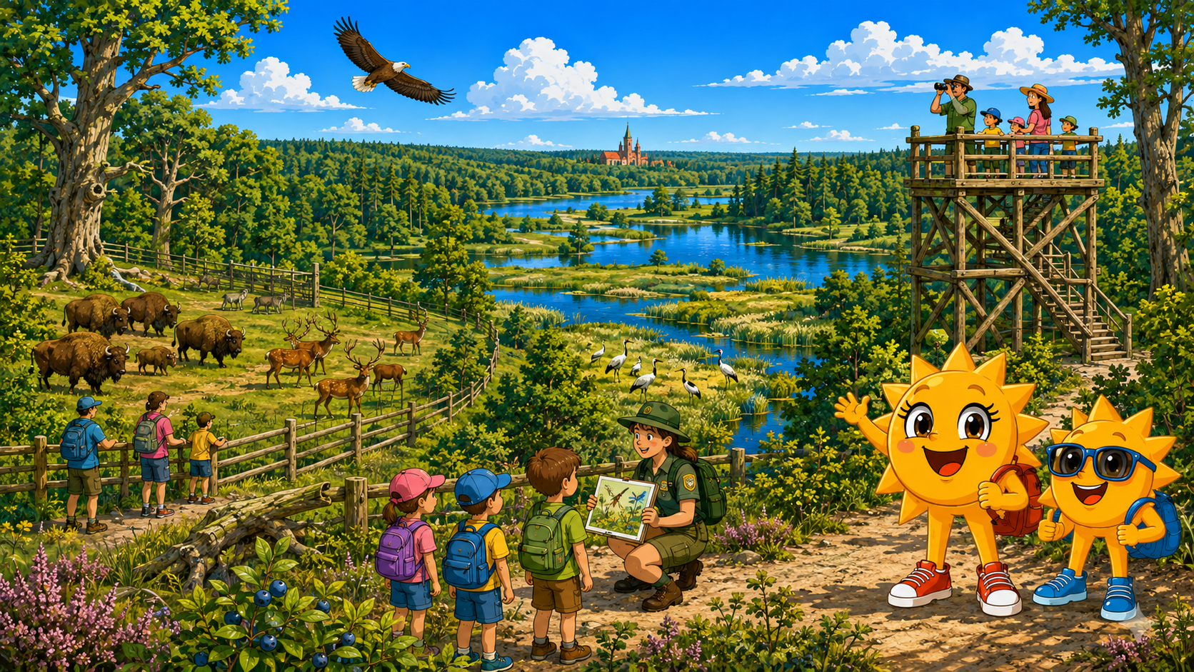 Gezeichnete Urlaubsszene aus Schorfheide-Chorin mit den Maskottchen Sunny und Ray
