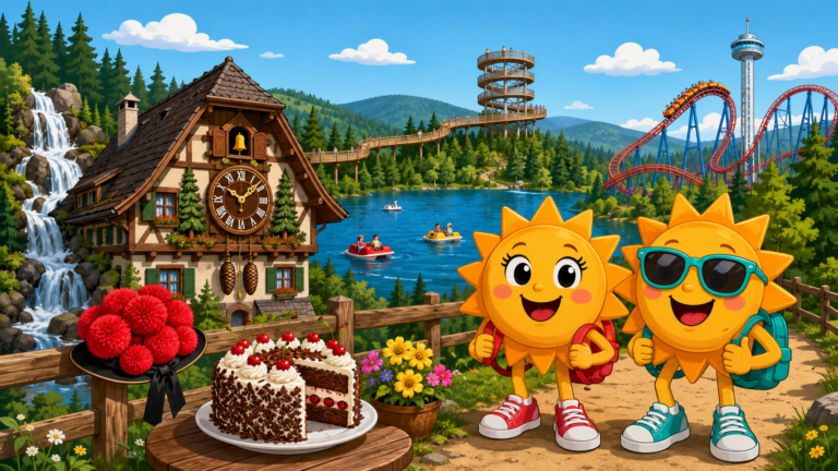 Gezeichnete Urlaubsszene aus Schwarzwald mit den Maskottchen Sunny und Ray