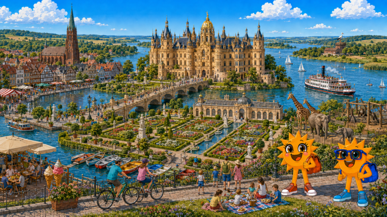 Gezeichnete Urlaubsszene aus Schwerin mit den Maskottchen Sunny und Ray: das Schweriner Schloss mit goldener Kuppel auf seiner Insel, davor der Schlossgarten mit Blumenbeeten, dahinter der See mit Seglern und einem Raddampfer, links die Altstadt mit Fachwerkhäusern, rechts Giraffen und Elefanten im Zoo, im Vordergrund eine Familie beim Picknick