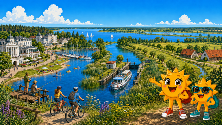 Gezeichnete Urlaubsszene aus Seenland Oder-Spree mit den Maskottchen Sunny und Ray