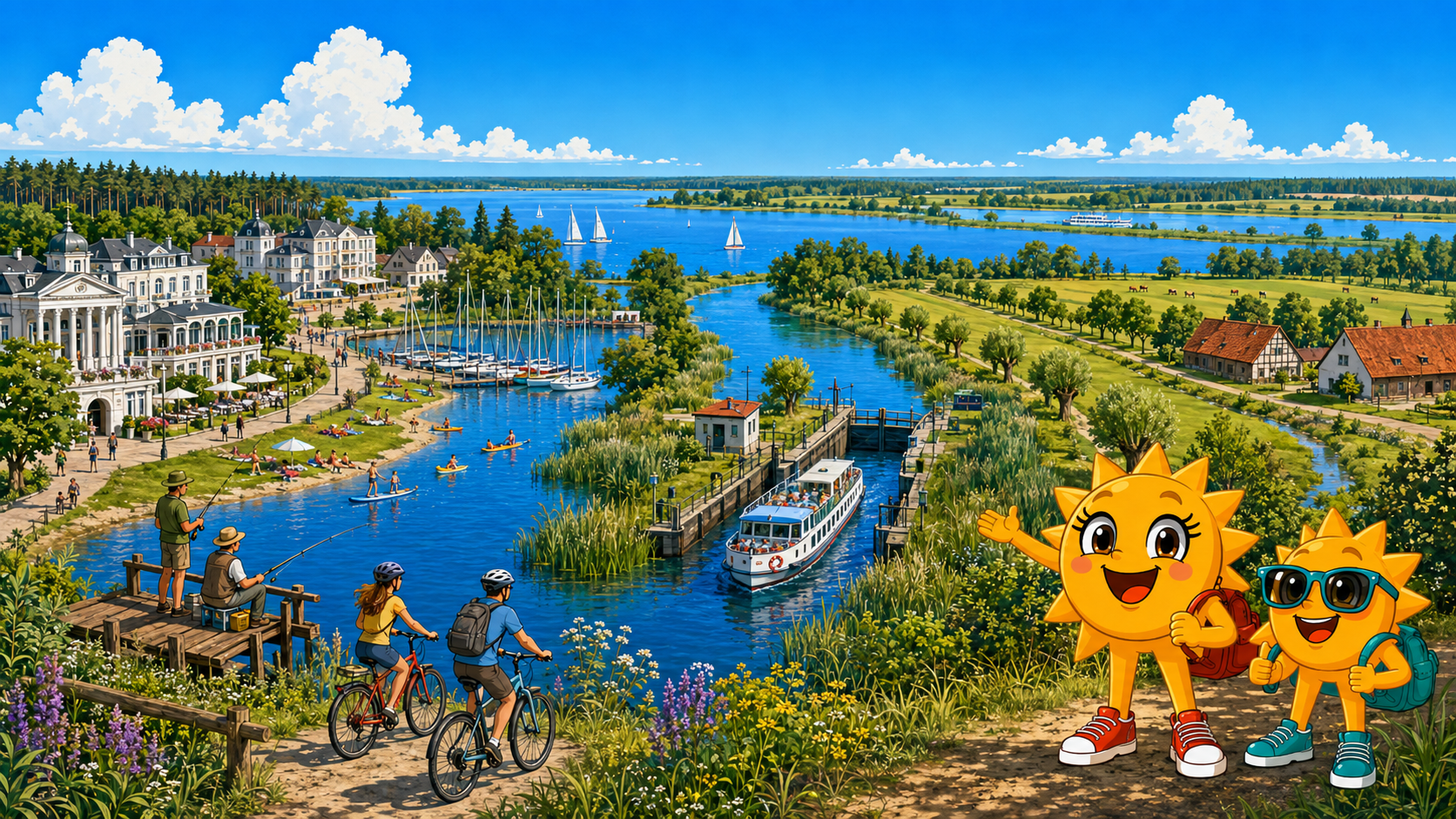 Gezeichnete Urlaubsszene aus Seenland Oder-Spree mit den Maskottchen Sunny und Ray