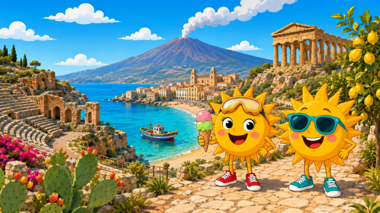 Gezeichnete Urlaubsszene aus Sizilien mit den Maskottchen Sunny und Ray