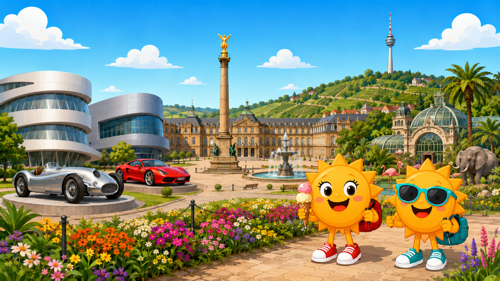 Gezeichnete Urlaubsszene aus Stuttgart mit den Maskottchen Sunny und Ray
