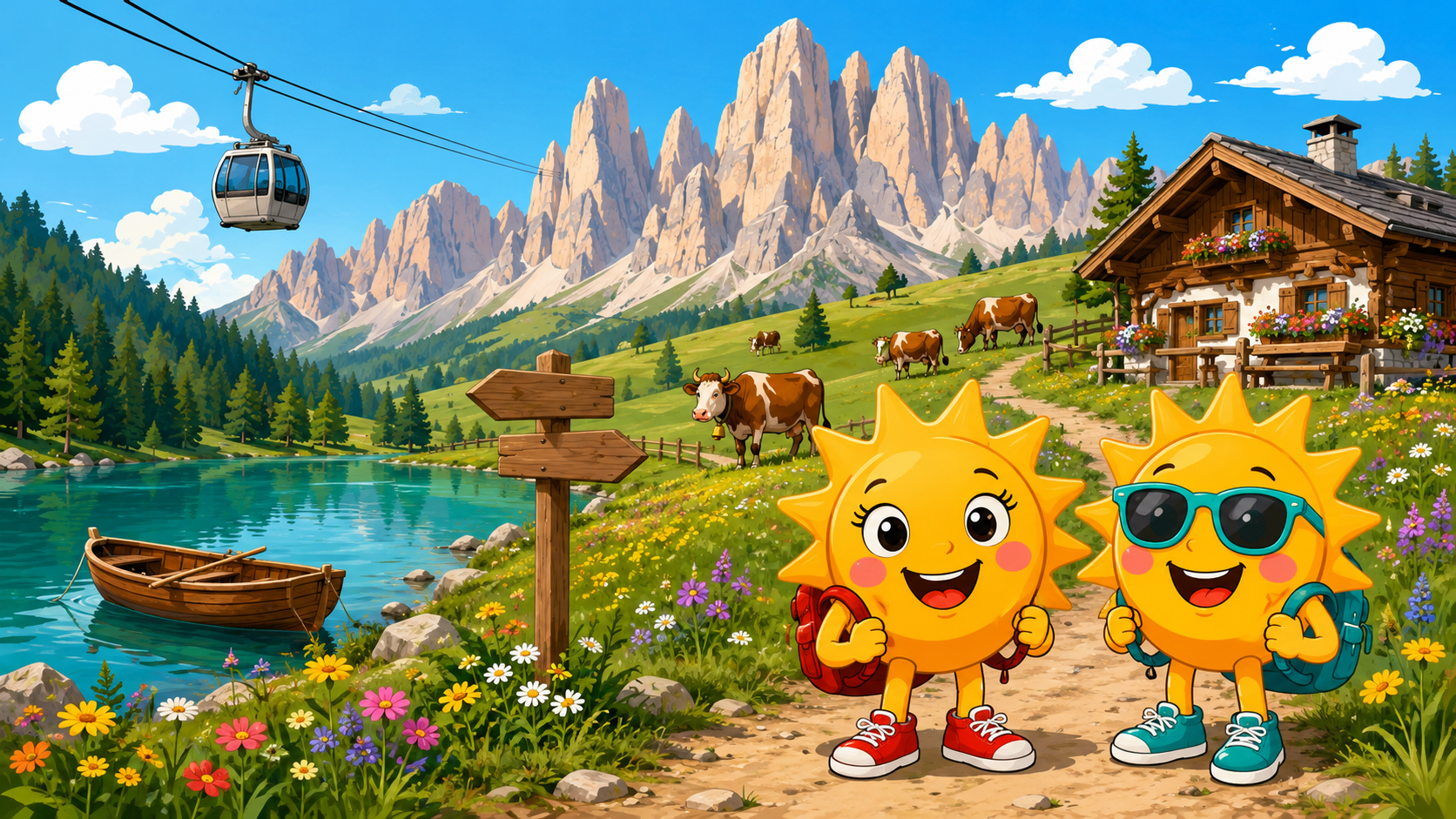 Gezeichnete Urlaubsszene aus Südtirol mit den Maskottchen Sunny und Ray