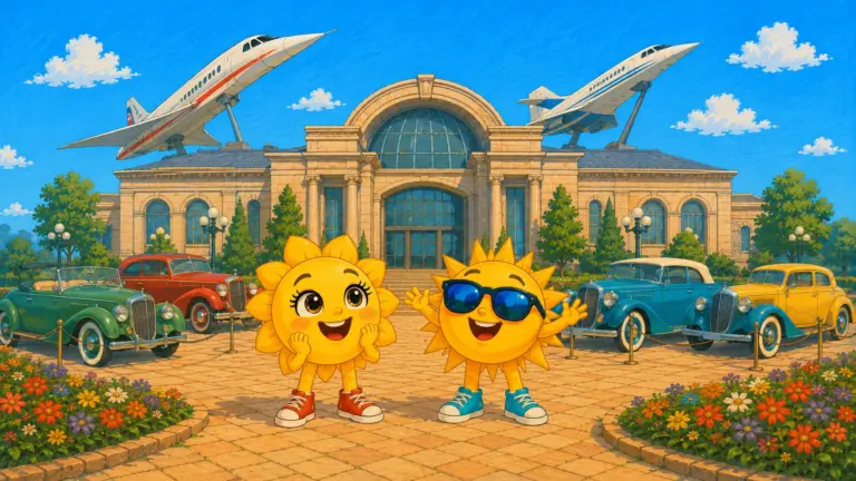 Sunny und Ray vor dem Technik-Museum Sinsheim zwischen Oldtimern, auf dem Dach zwei Überschallflugzeuge