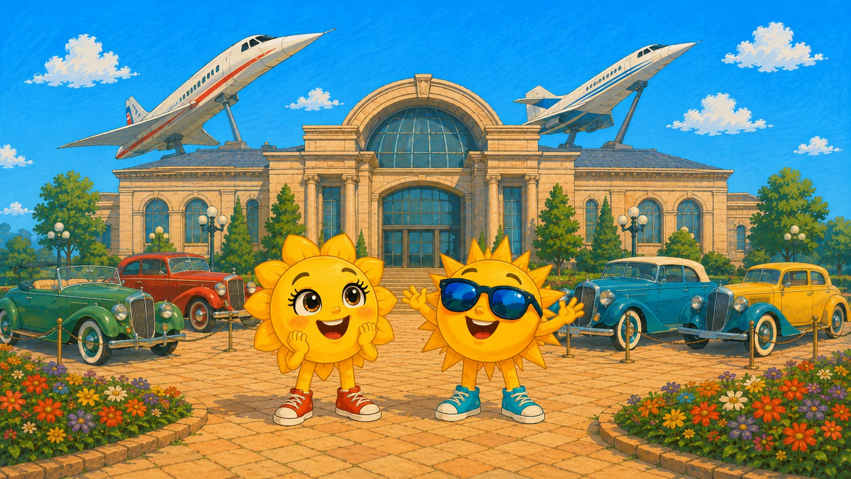 Sunny und Ray vor dem Technik-Museum Sinsheim zwischen Oldtimern, auf dem Dach zwei Überschallflugzeuge