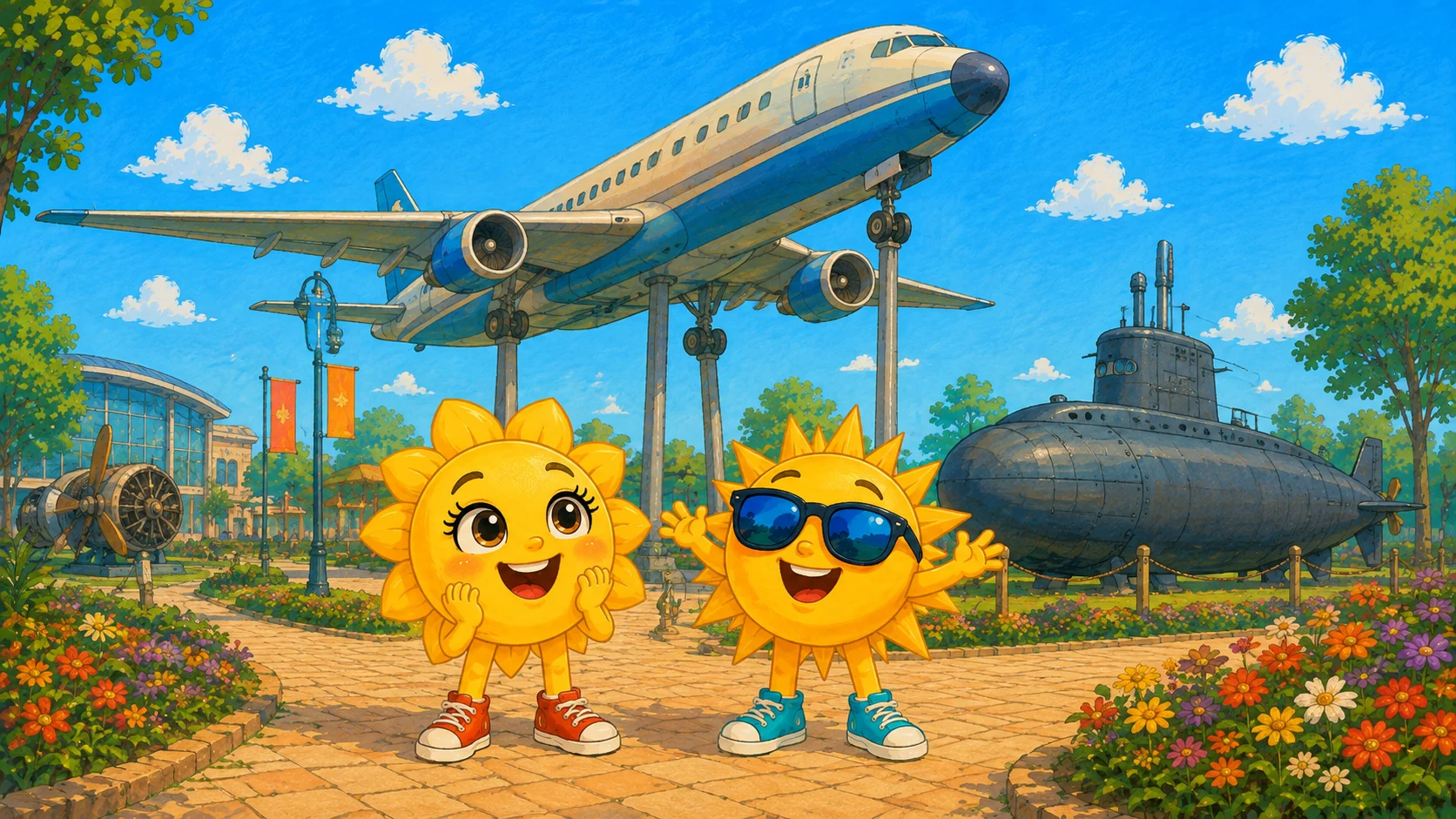 Sunny und Ray unter einem aufgeständerten Passagierflugzeug im Technik-Museum Speyer, daneben ein U-Boot