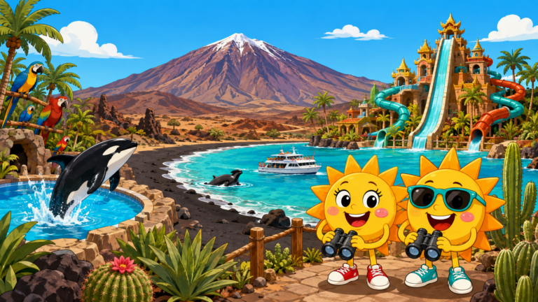 Gezeichnete Urlaubsszene aus Teneriffa mit den Maskottchen Sunny und Ray