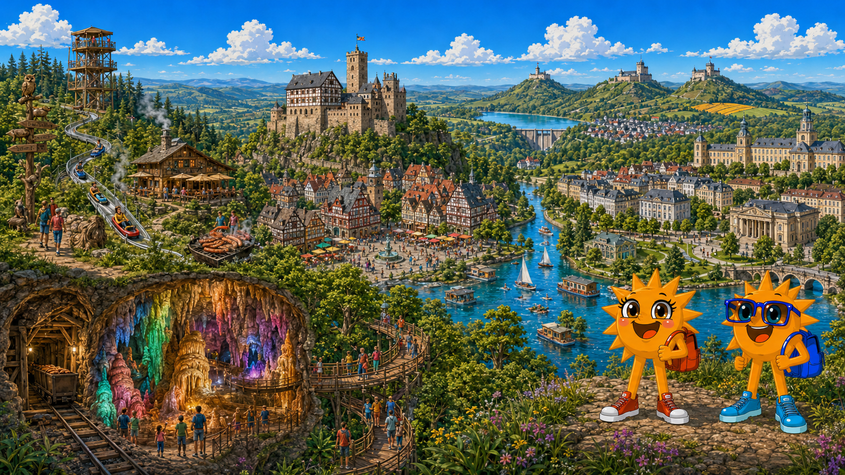 Gezeichnete Urlaubsszene aus Thüringen mit den Maskottchen Sunny und Ray: eine Burg über einer Fachwerkstadt, im Anschnitt eine bunt beleuchtete Tropfsteinhöhle, dazu Baumkronenpfad, Sommerrodelbahn, Stausee und eine klassizistische Residenzstadt am Fluss