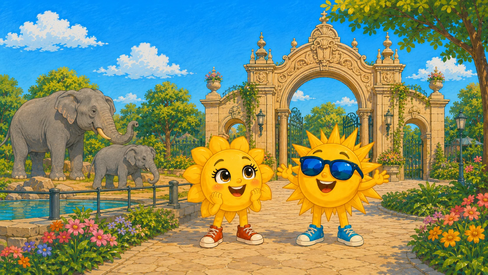 Sunny und Ray vor dem historischen Eingangstor von Hagenbecks Tierpark, links Elefanten am Wasser