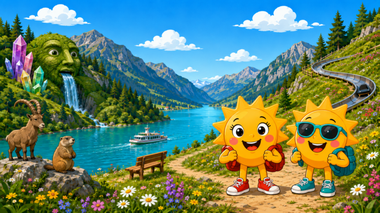 Gezeichnete Urlaubsszene aus Tirol mit den Maskottchen Sunny und Ray