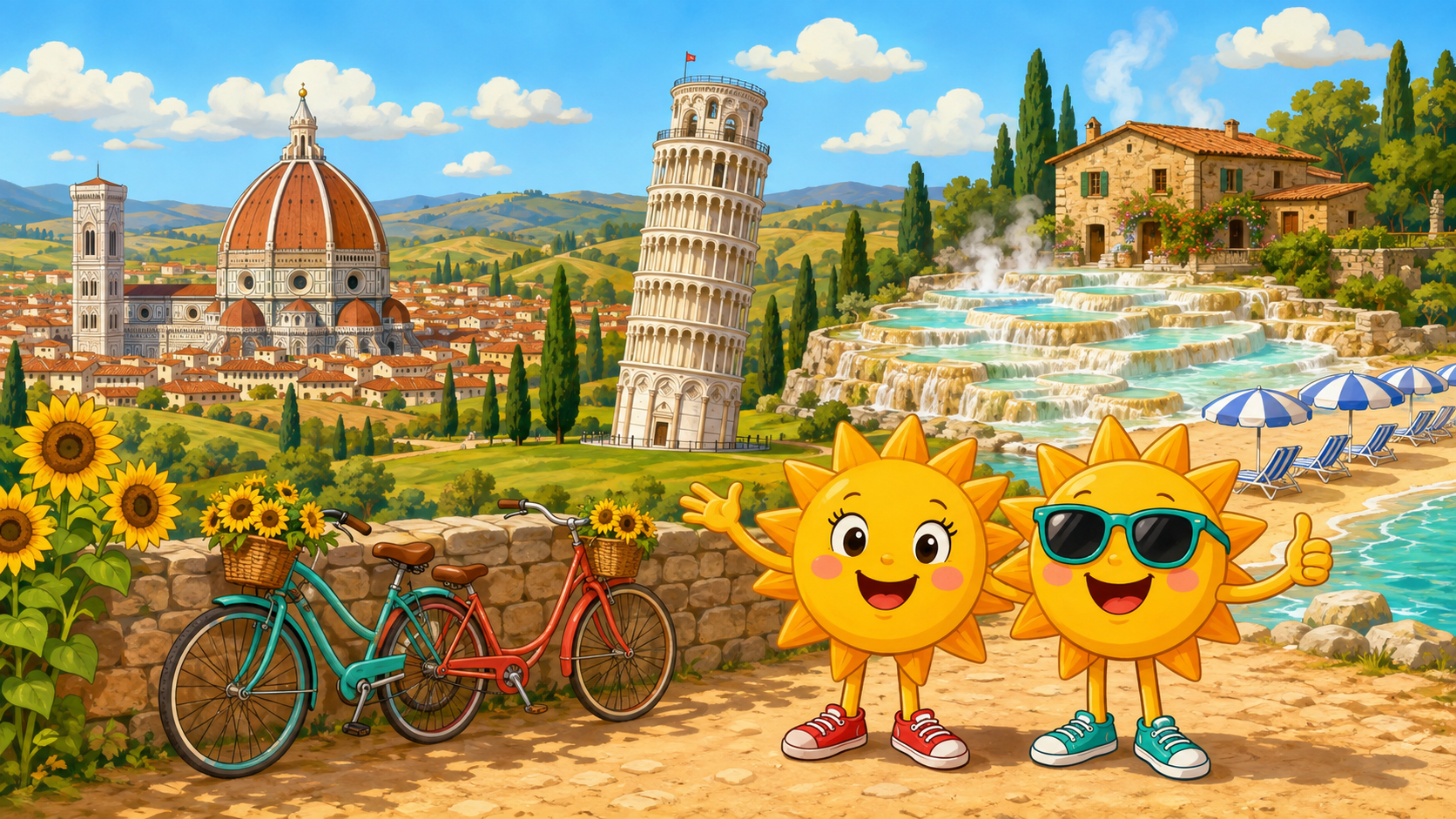 Gezeichnete Urlaubsszene aus Toskana mit den Maskottchen Sunny und Ray