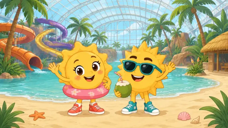 Sunny mit Schwimmreifen und Ray mit einer Kokosnuss am Sandstrand im Tropical Islands, dahinter Rutschen und Palmen unter dem Hallendach