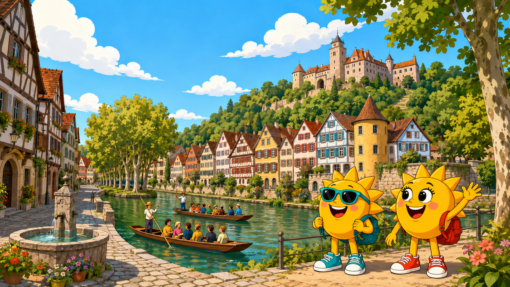 Gezeichnete Urlaubsszene aus Tübingen mit den Maskottchen Sunny und Ray