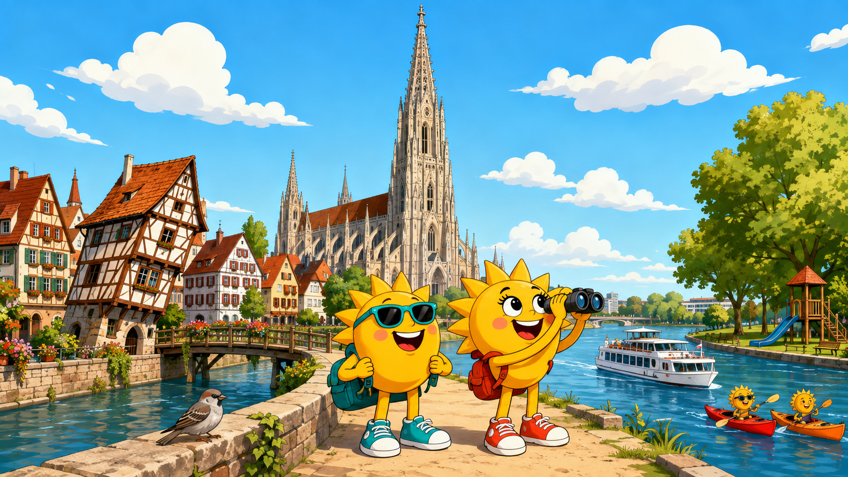 Gezeichnete Urlaubsszene aus Ulm und Neu-Ulm mit den Maskottchen Sunny und Ray