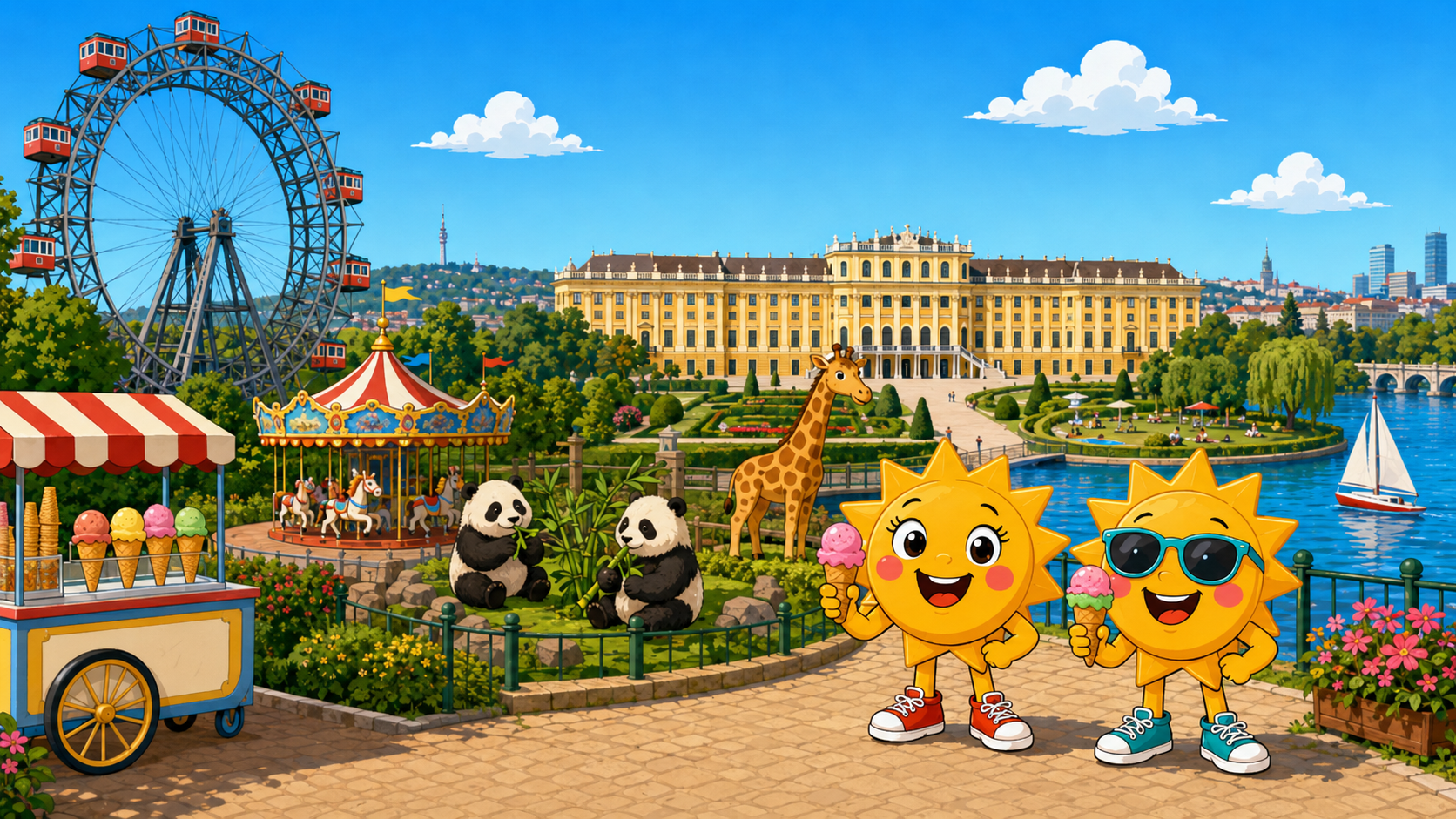 Gezeichnete Urlaubsszene aus Wien mit den Maskottchen Sunny und Ray