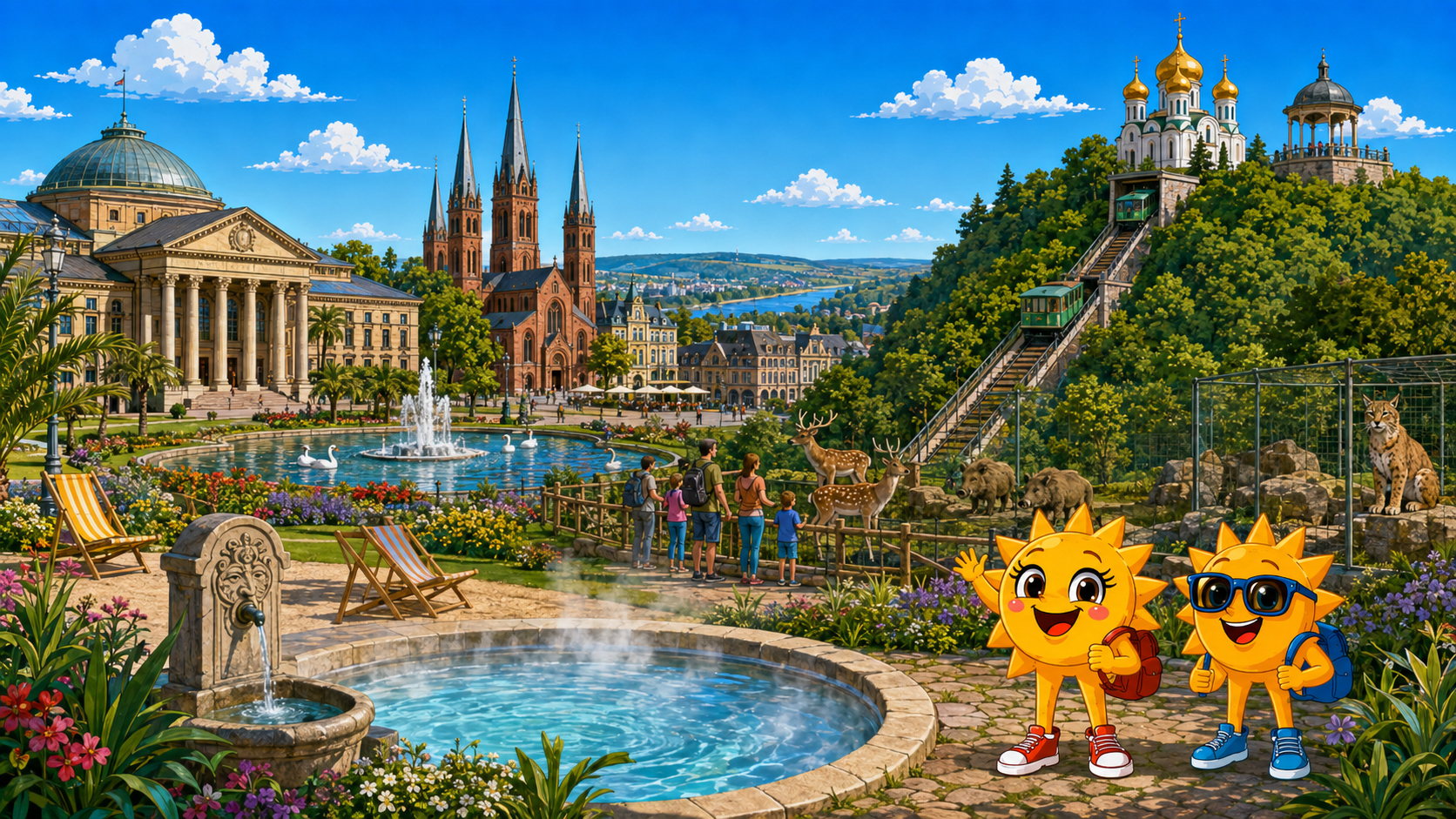 Gezeichnete Urlaubsszene aus Wiesbaden mit den Maskottchen Sunny und Ray