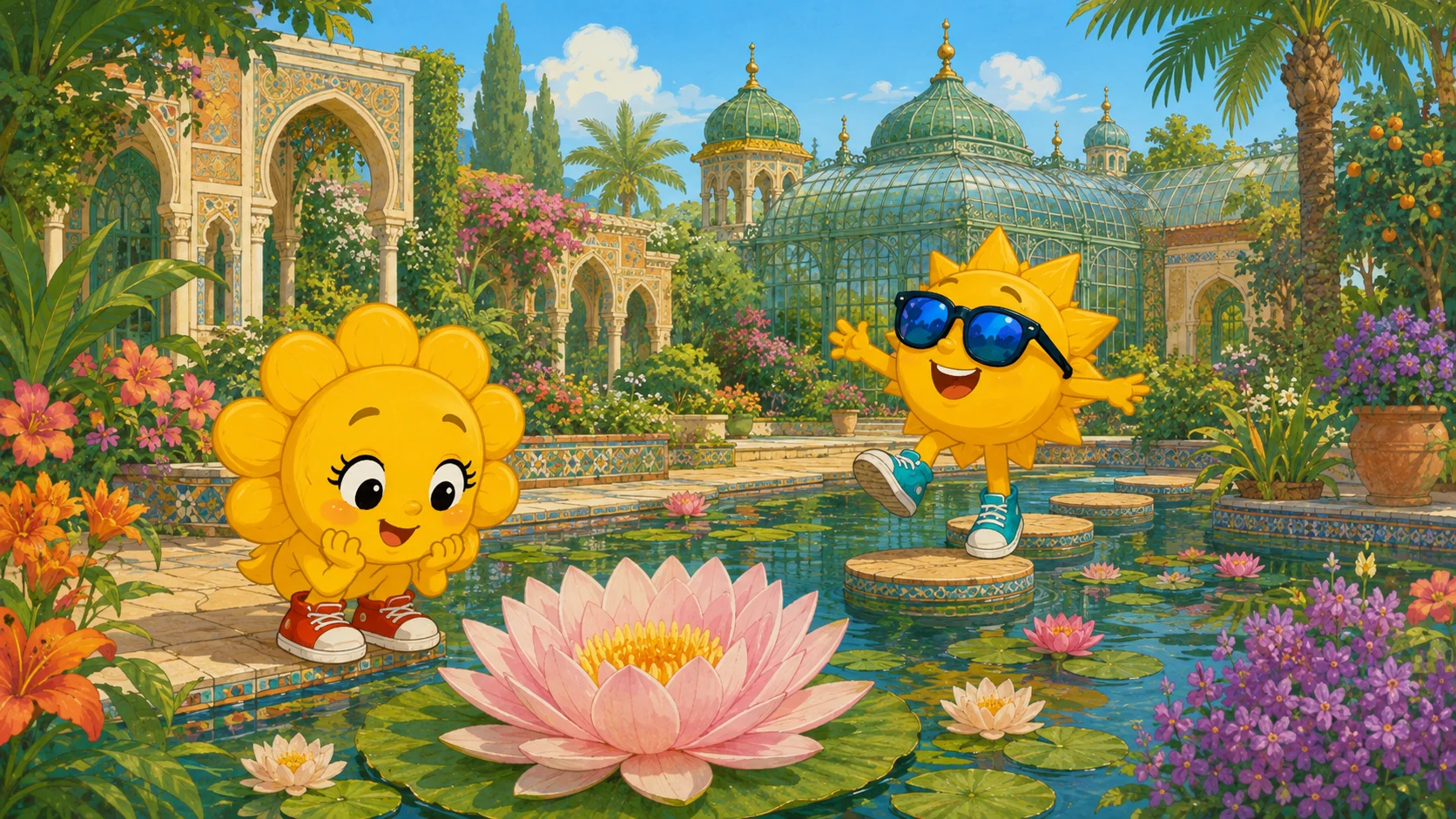 Sunny betrachtet eine Seerose im Teich der Wilhelma, Ray balanciert über die Trittsteine, dahinter die maurischen Kuppeln
