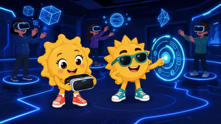 Sunny hält eine VR-Brille, Ray tippt auf ein leuchtendes Bedienfeld in der dunkelblauen YULLBE-Halle