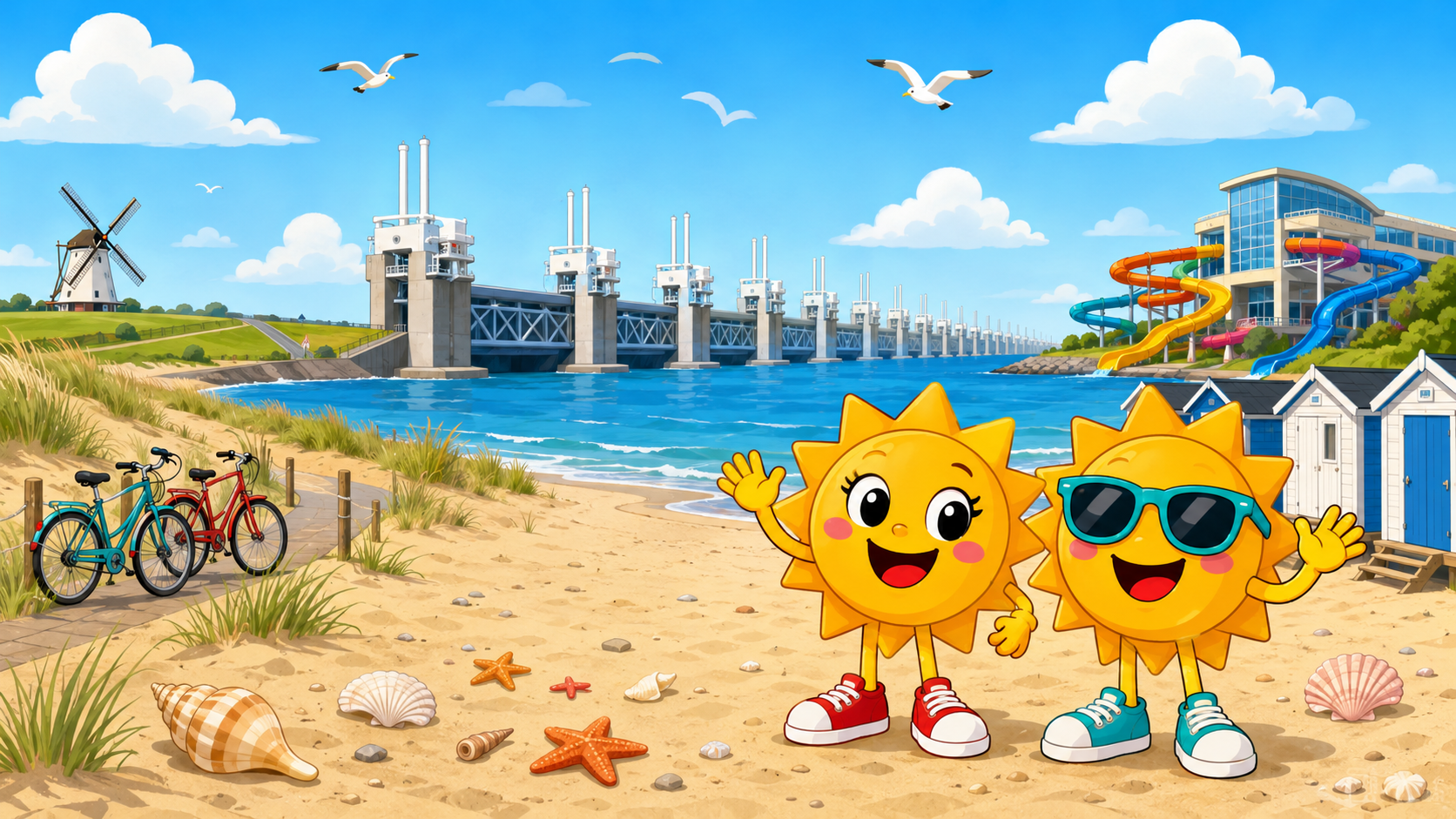 Gezeichnete Urlaubsszene aus Zeeland mit den Maskottchen Sunny und Ray