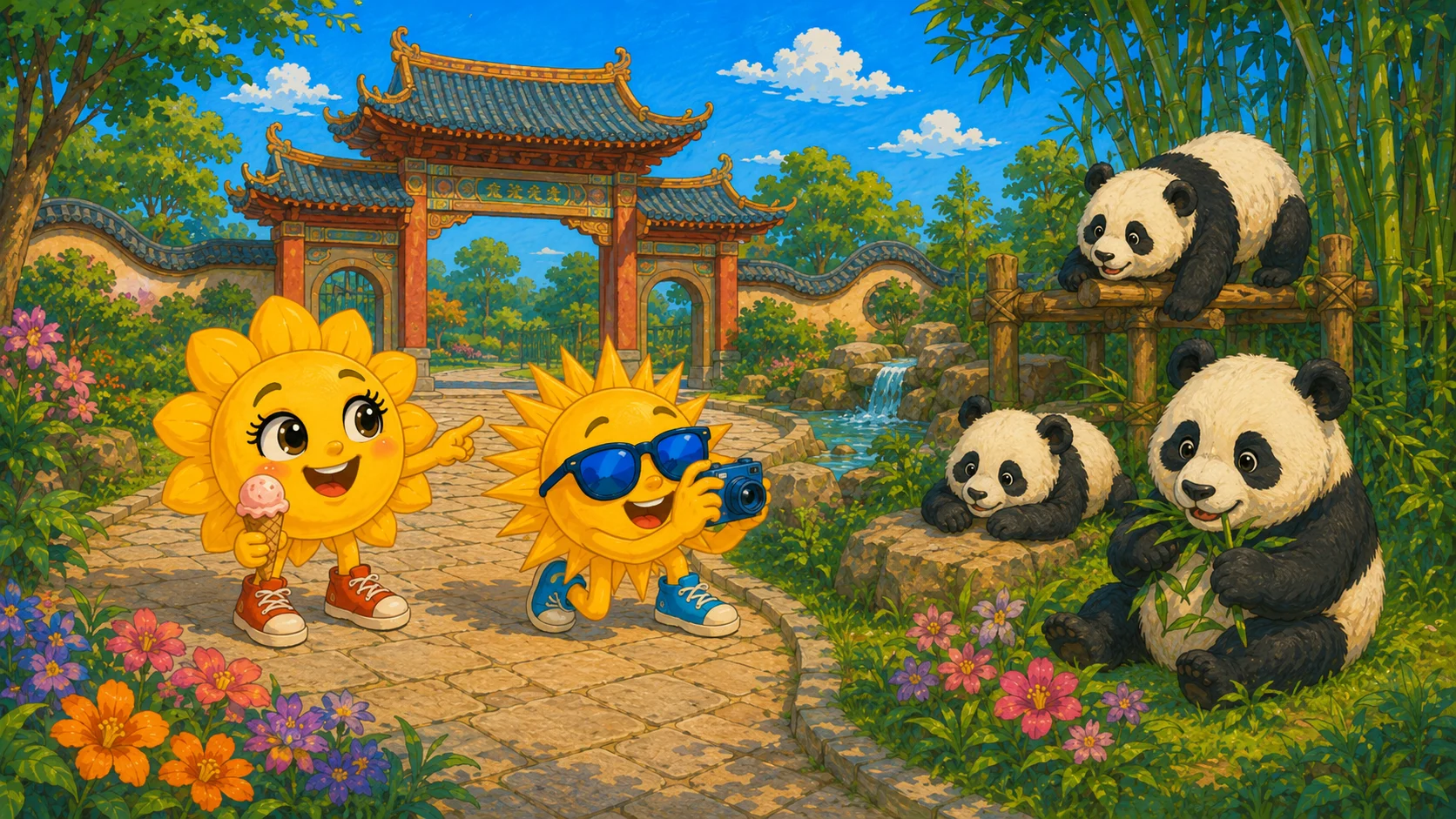Sunny mit einem Eis und Ray mit Kamera vor der Panda-Anlage im Zoo Berlin