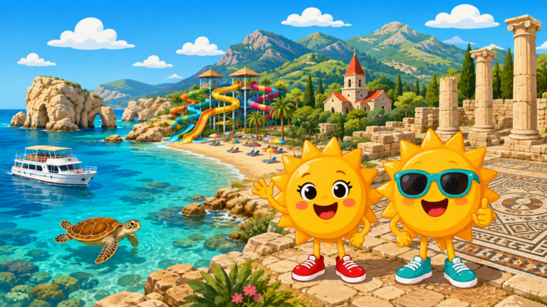 Gezeichnete Urlaubsszene aus Zypern mit den Maskottchen Sunny und Ray