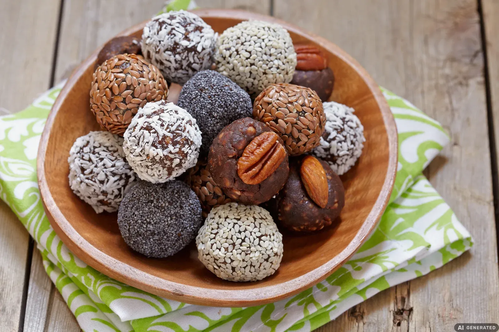 Selbstgemachte Energy Balls mit Kokosraspeln, Sesam, Mohn und Leinsamen in einer Holzschale.