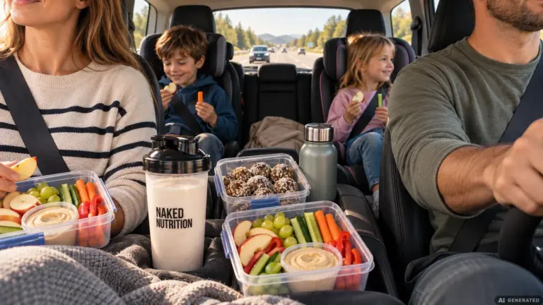 Familie im Auto auf der Autobahn: Vorne Mutter und Vater, hinten zwei Kinder in Kindersitzen, die Apfelschnitze und Gemüsesticks essen; auf der Mittelkonsole Dosen mit Obst, Gemüse, Hummus und Energy Balls, eine Trinkflasche und ein Protein-Shaker.