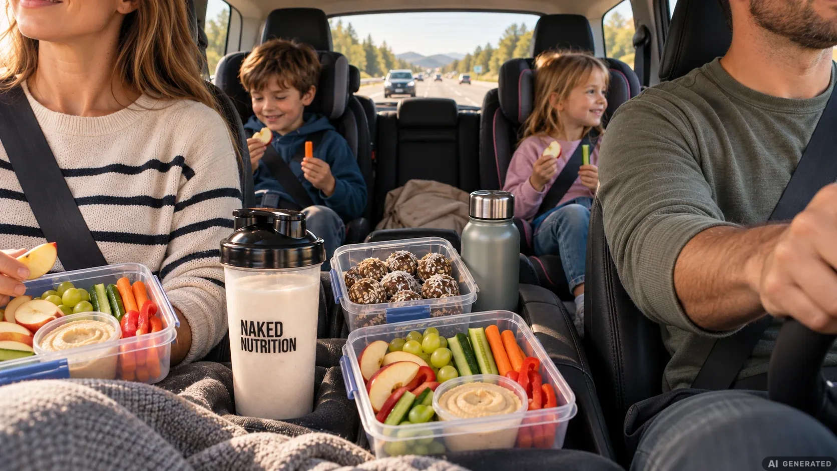 Familie im Auto auf der Autobahn: Vorne Mutter und Vater, hinten zwei Kinder in Kindersitzen, die Apfelschnitze und Gemüsesticks essen; auf der Mittelkonsole Dosen mit Obst, Gemüse, Hummus und Energy Balls, eine Trinkflasche und ein Protein-Shaker.