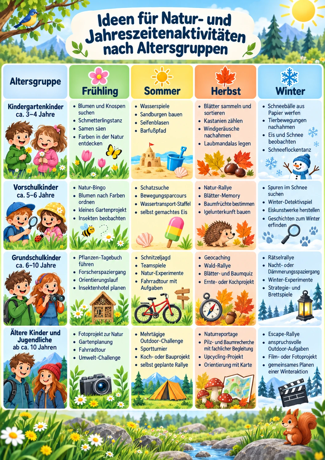 Grafik: Ideen für Natur- und Jahreszeitenaktivitäten nach Altersgruppen – Tabelle mit Frühling, Sommer, Herbst und Winter für Kindergartenkinder (3–4 Jahre), Vorschulkinder (5–6 Jahre), Grundschulkinder (6–10 Jahre) sowie ältere Kinder und Jugendliche ab 10 Jahren.