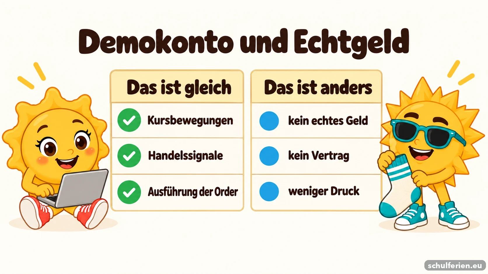 Vergleich Demokonto und Echtgeld. Gleich sind Kursbewegungen, Handelssignale und die Ausführung der Order. Anders sind: kein echtes Geld, kein Vertrag, weniger Druck.