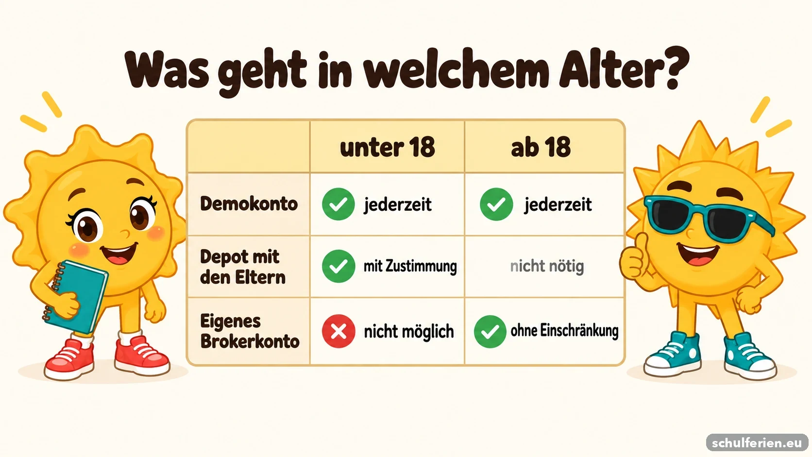 Tabelle: Was geht in welchem Alter? Demokonto — unter 18 jederzeit, ab 18 jederzeit. Depot mit den Eltern — unter 18 mit Zustimmung, ab 18 nicht nötig. Eigenes Brokerkonto — unter 18 nicht möglich, ab 18 ohne Einschränkung.