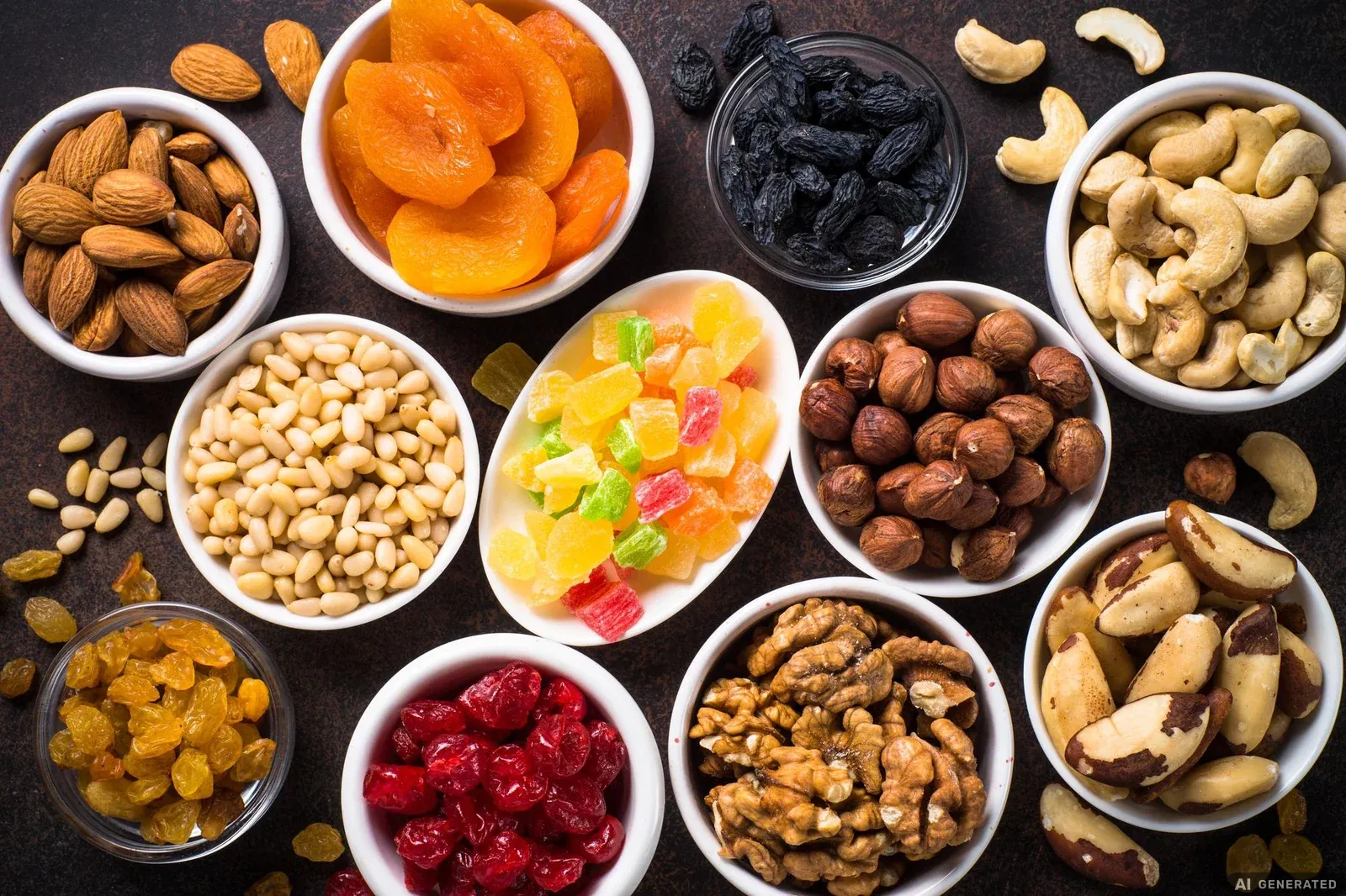 Schälchen mit Nüssen und Trockenfrüchten: Mandeln, Aprikosen, Cashews, Haselnüsse, Walnüsse, Cranberries und Rosinen.