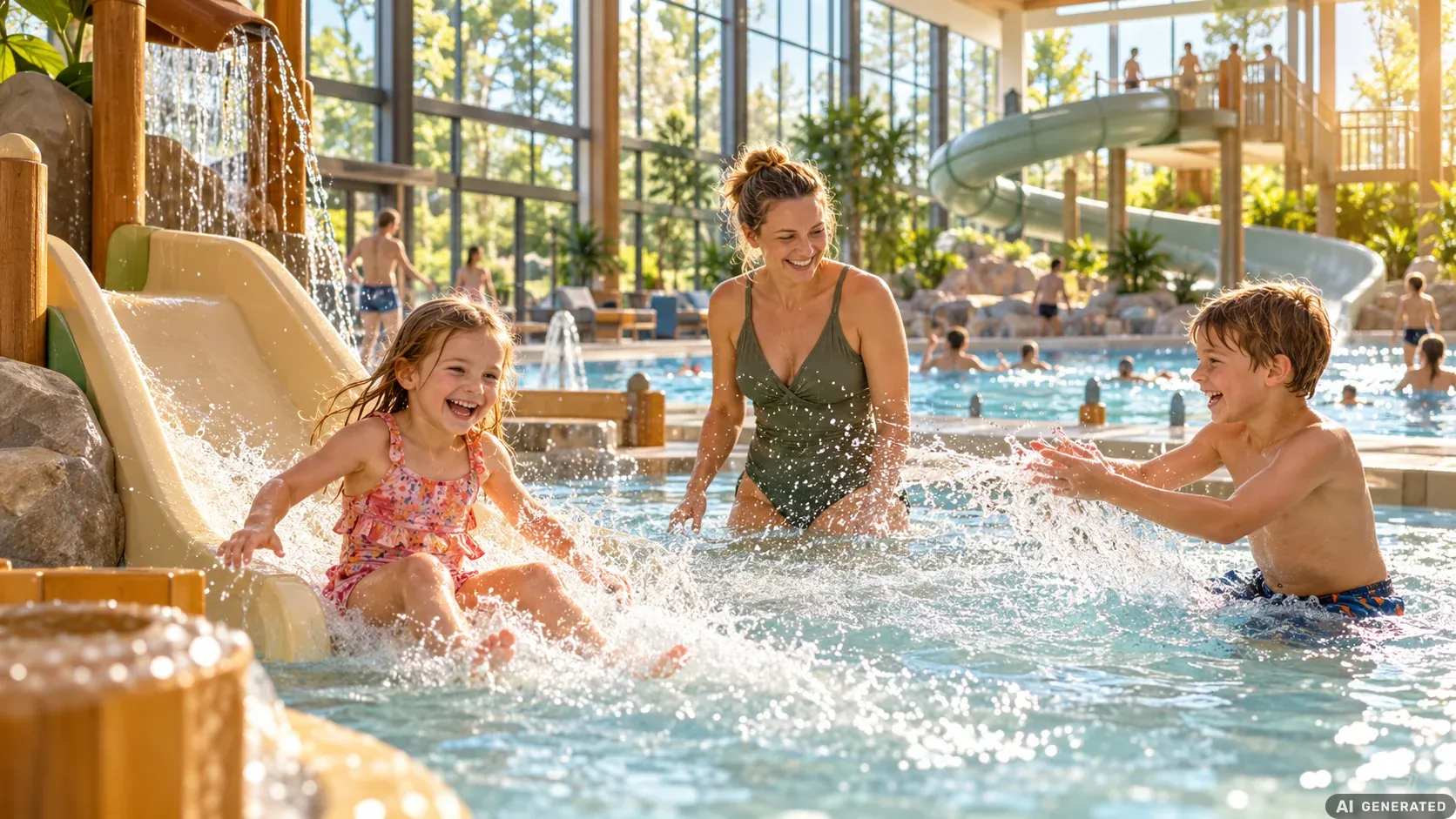 Zwei Kinder spielen lachend im Kinderbecken eines Erlebnisbads, ein Mädchen rutscht eine kleine Wasserrutsche hinunter, die Mutter steht daneben im Wasser.