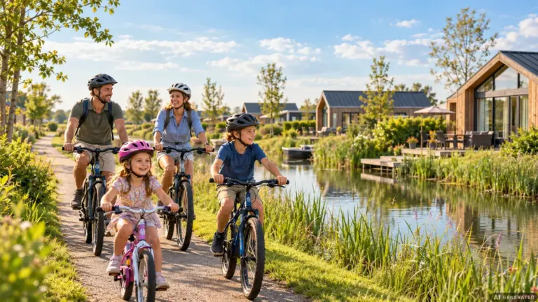 Familie mit zwei Kindern fährt mit Fahrradhelmen auf einem Weg an einem Kanal durch einen Ferienpark mit modernen Holz-Ferienhäusern.