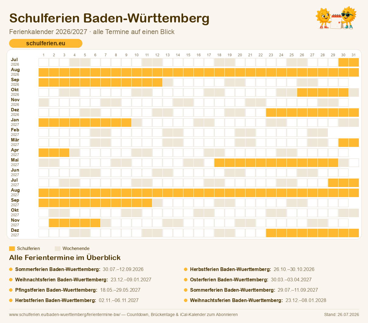 Ferienkalender Baden-Württemberg 2026/2027: alle Schulferien-Termine als Kalender-Grafik