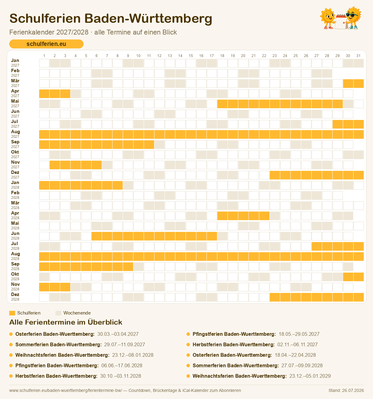 Ferienkalender Baden-Württemberg 2027/2028: alle Schulferien-Termine als Kalender-Grafik