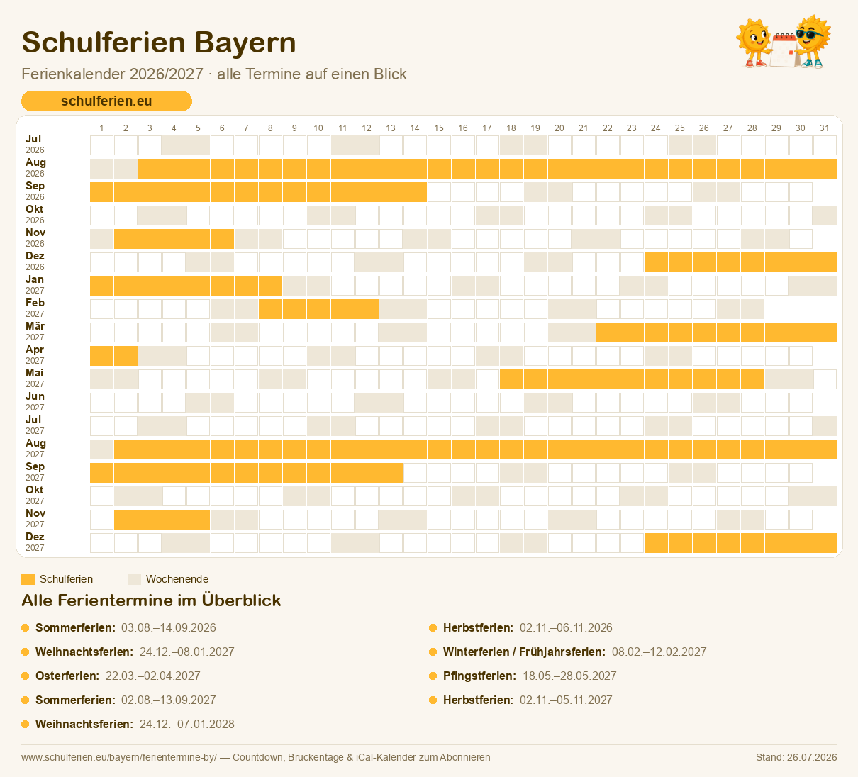 Ferienkalender Bayern 2026/2027: alle Schulferien-Termine als Kalender-Grafik