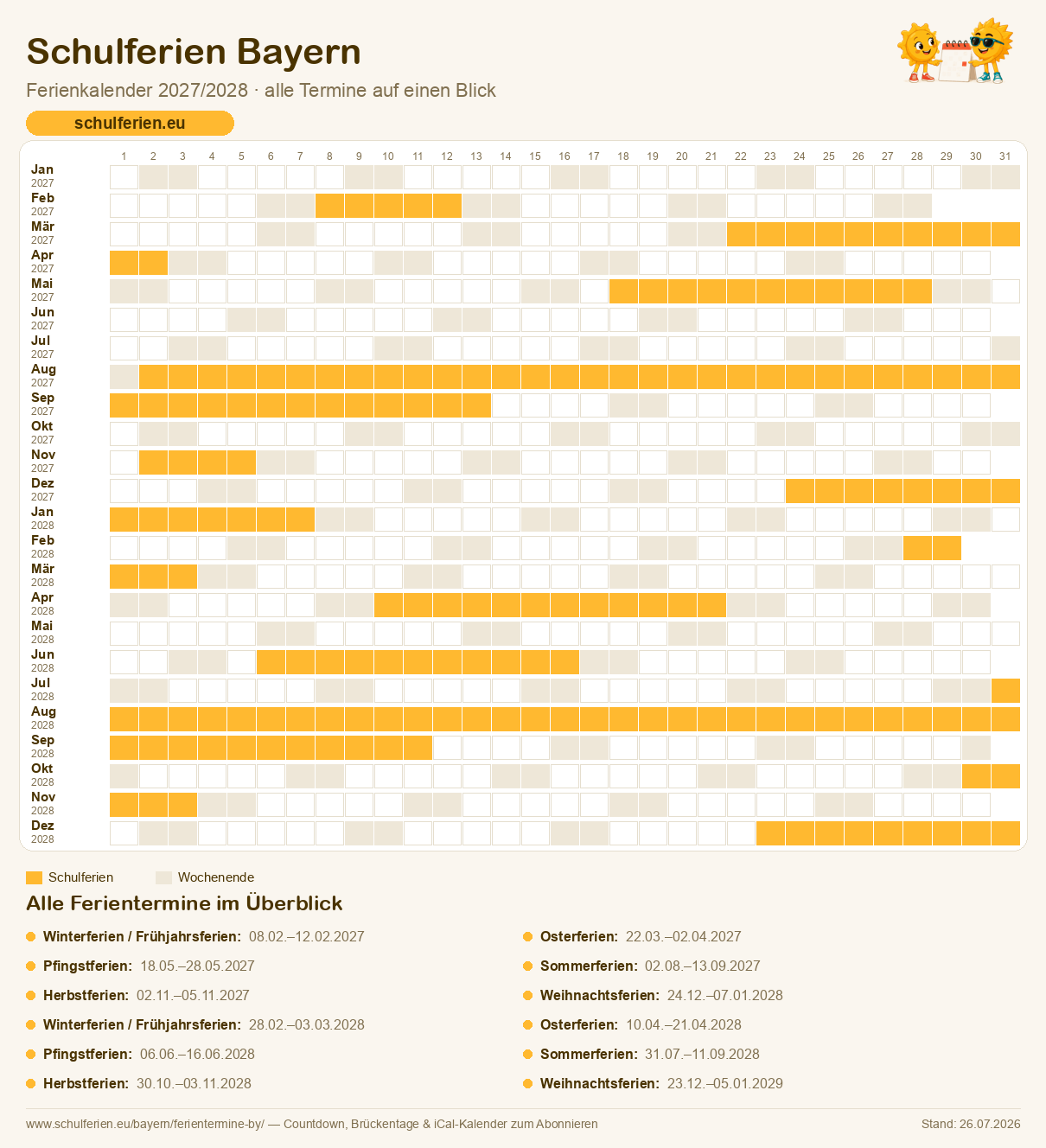 Ferienkalender Bayern 2027/2028: alle Schulferien-Termine als Kalender-Grafik