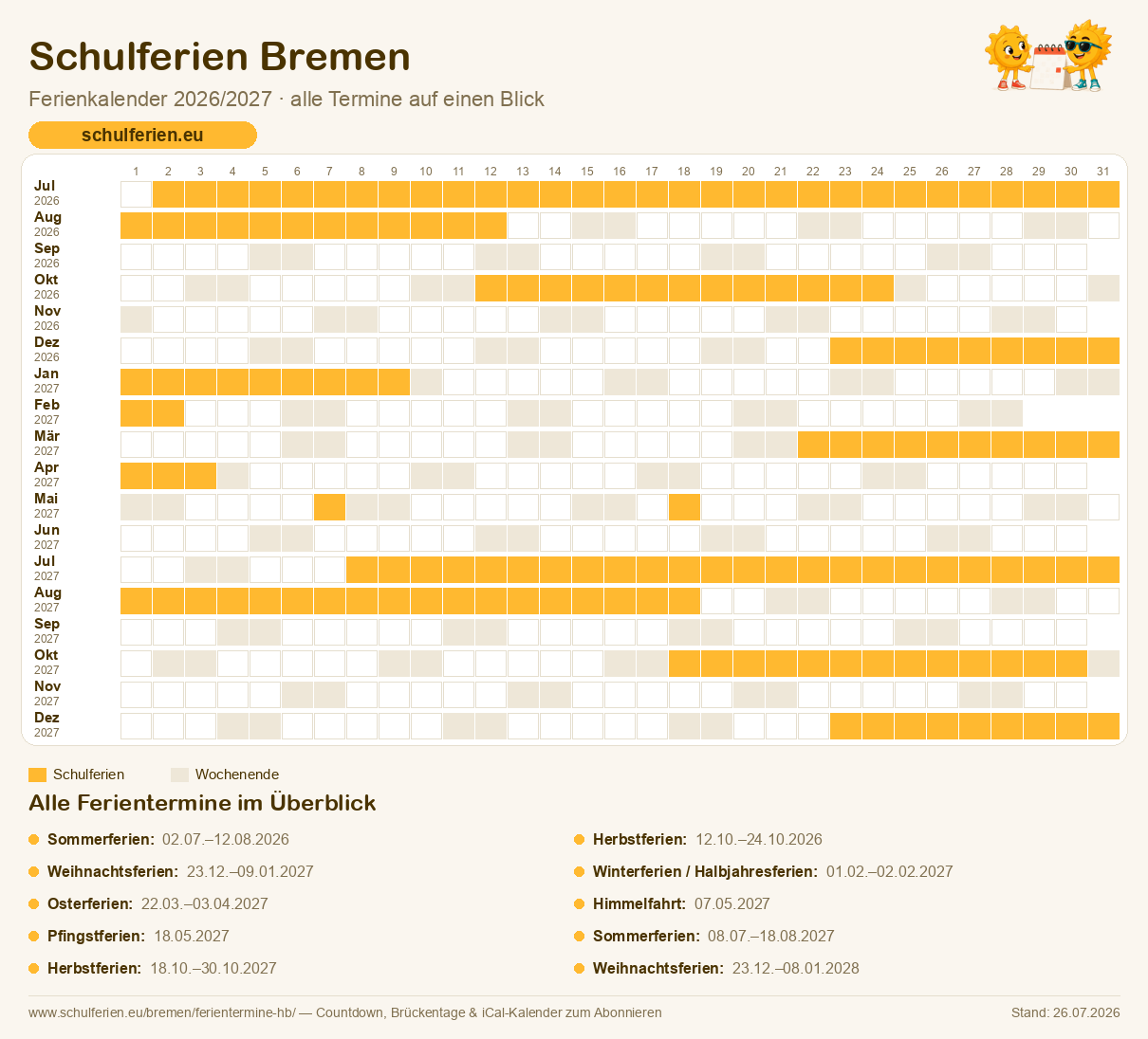 Ferienkalender Bremen 2026/2027: alle Schulferien-Termine als Kalender-Grafik