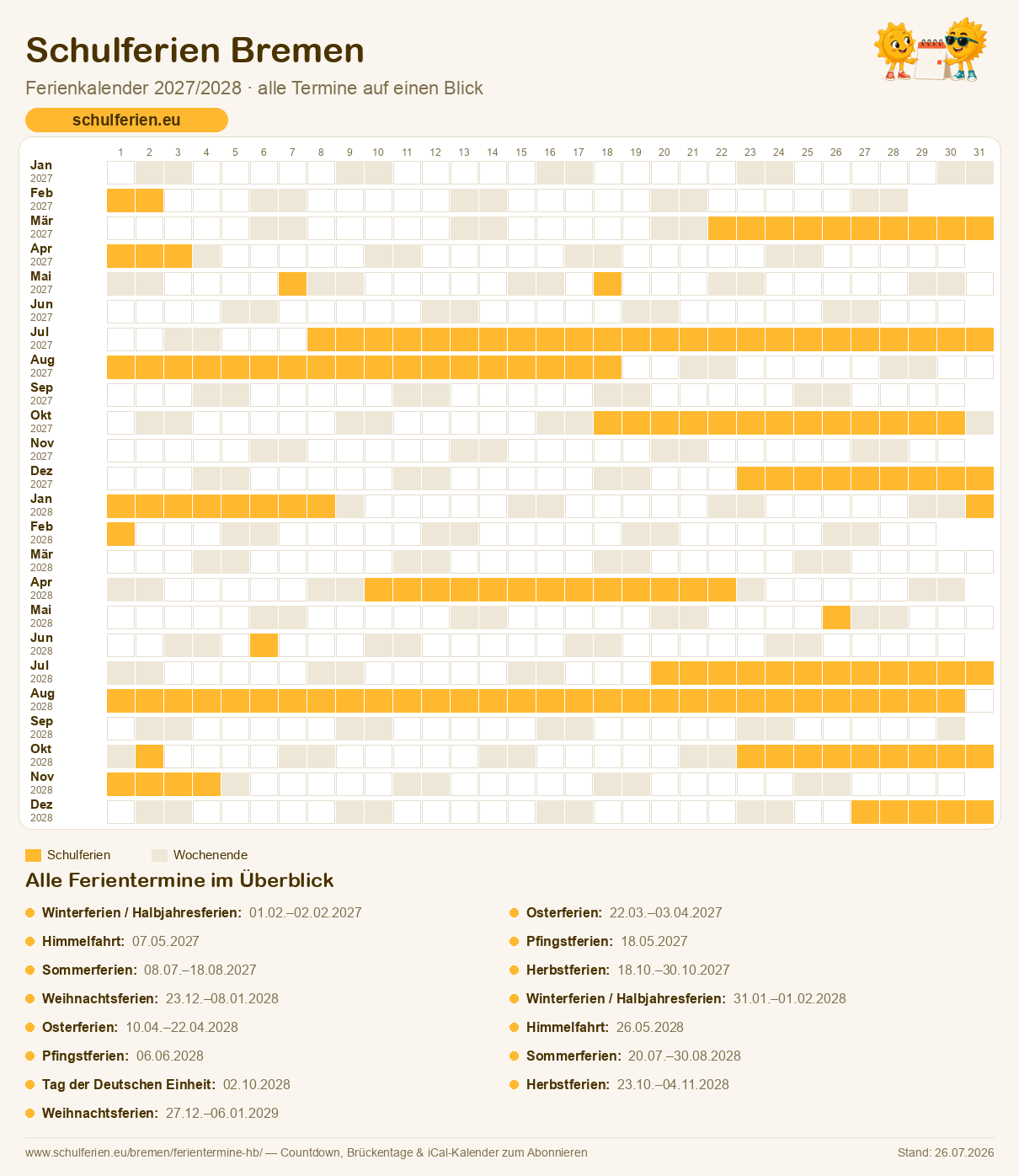 Ferienkalender Bremen 2027/2028: alle Schulferien-Termine als Kalender-Grafik