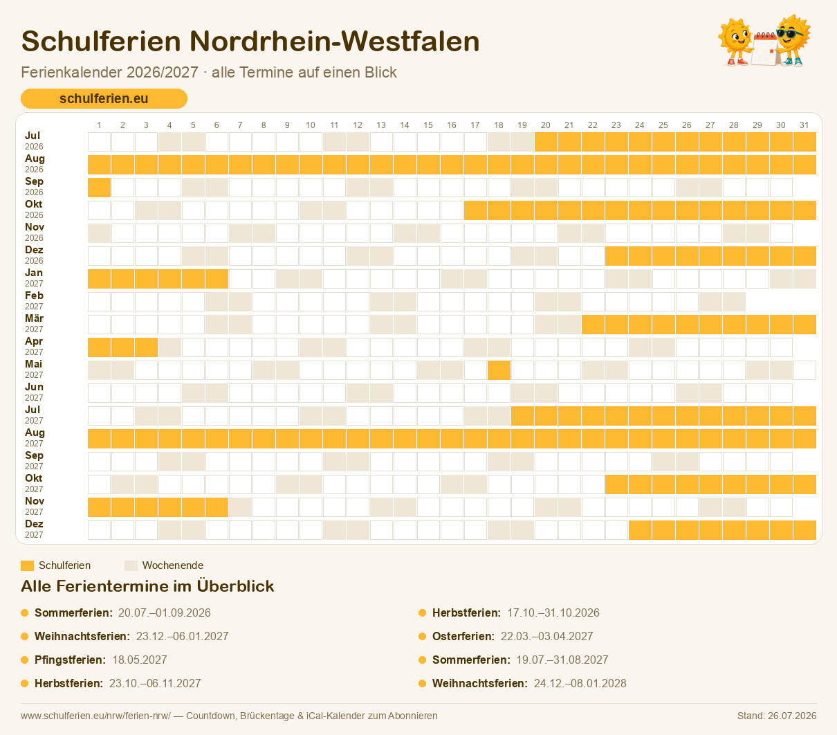 Ferienkalender Nordrhein-Westfalen 2026/2027: alle Schulferien-Termine als Kalender-Grafik