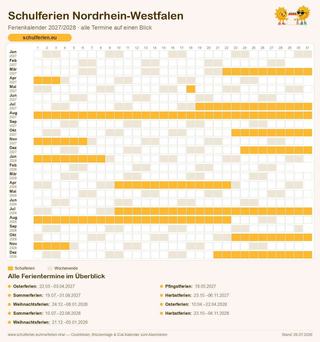 Ferienkalender Nordrhein-Westfalen 2027/2028: alle Schulferien-Termine als Kalender-Grafik