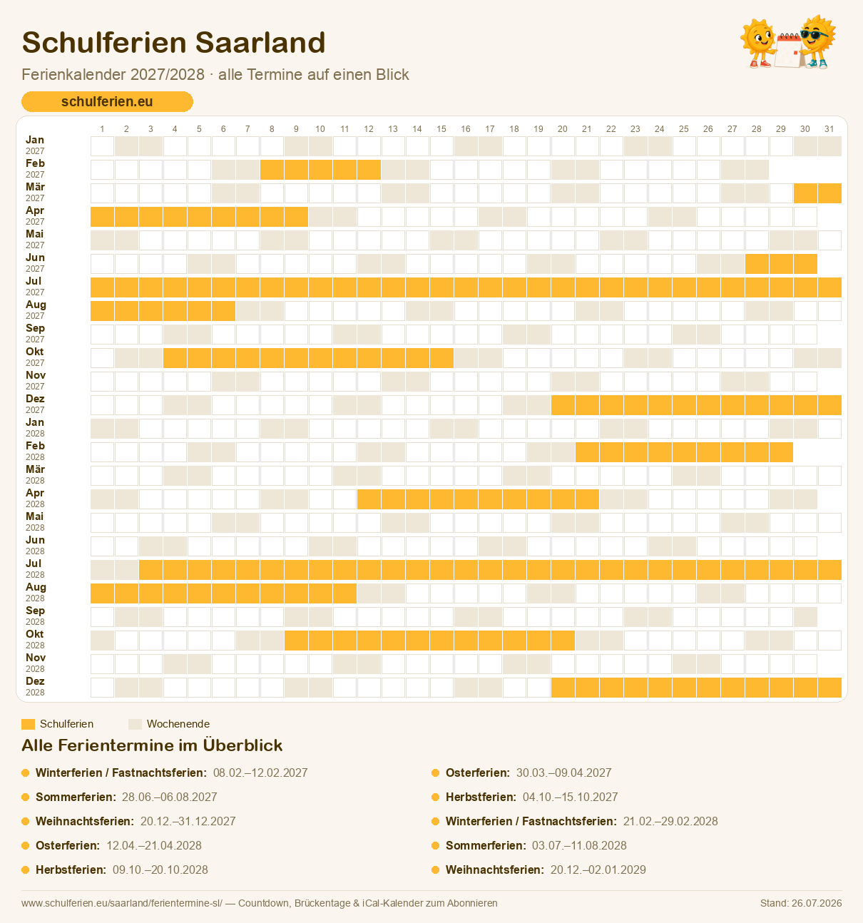 Ferienkalender Saarland 2027/2028: alle Schulferien-Termine als Kalender-Grafik