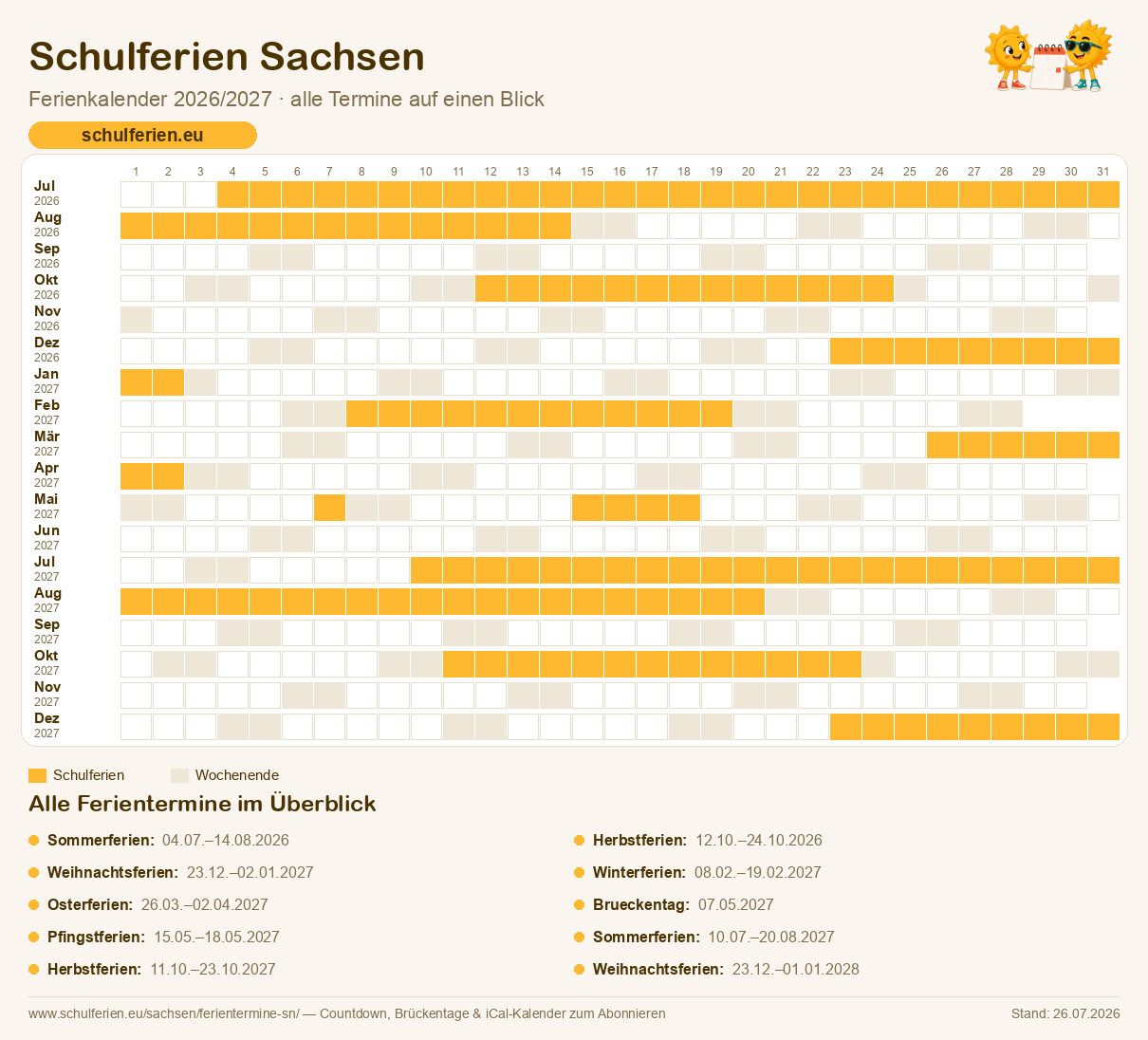 Ferienkalender Sachsen 2026/2027: alle Schulferien-Termine als Kalender-Grafik