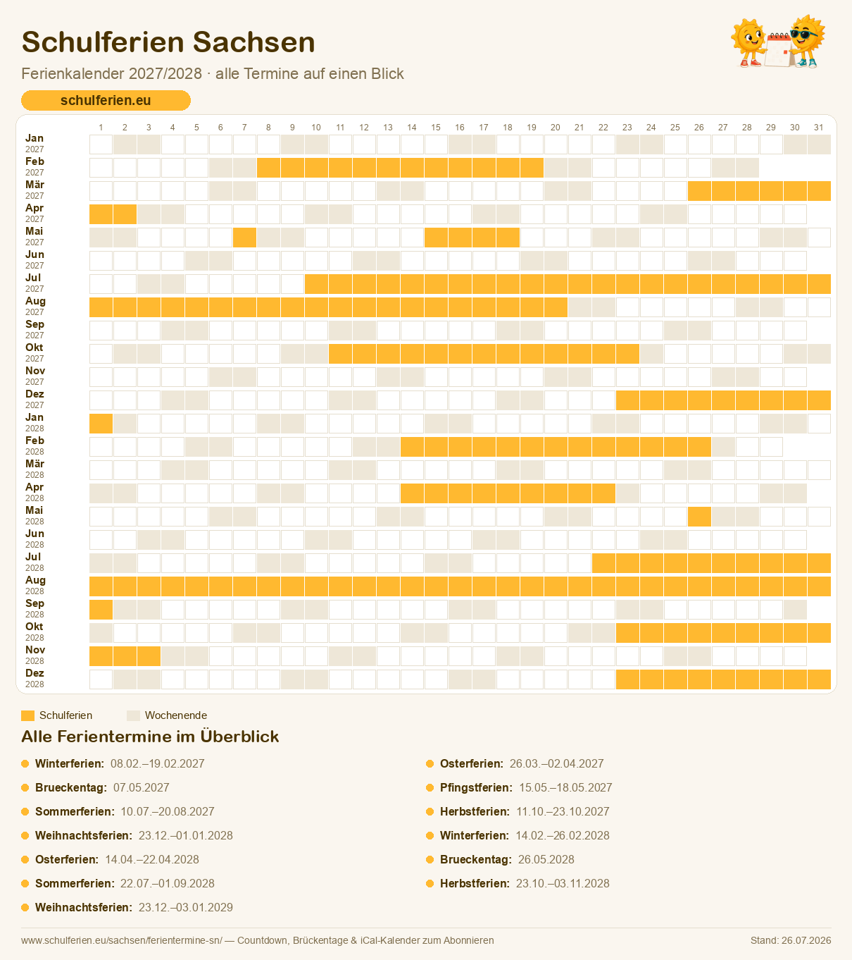Ferienkalender Sachsen 2027/2028: alle Schulferien-Termine als Kalender-Grafik