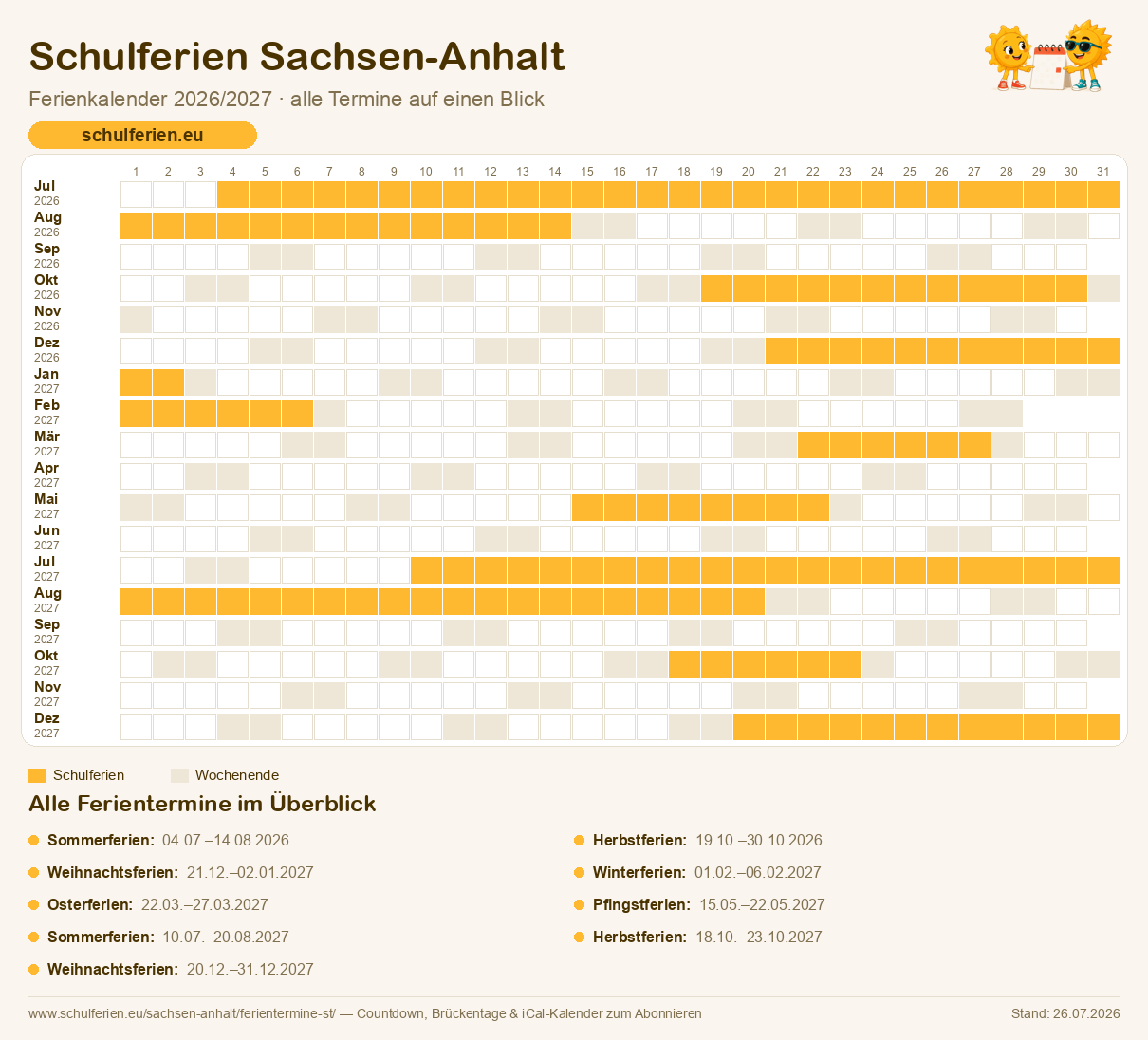 Ferienkalender Sachsen-Anhalt 2026/2027: alle Schulferien-Termine als Kalender-Grafik