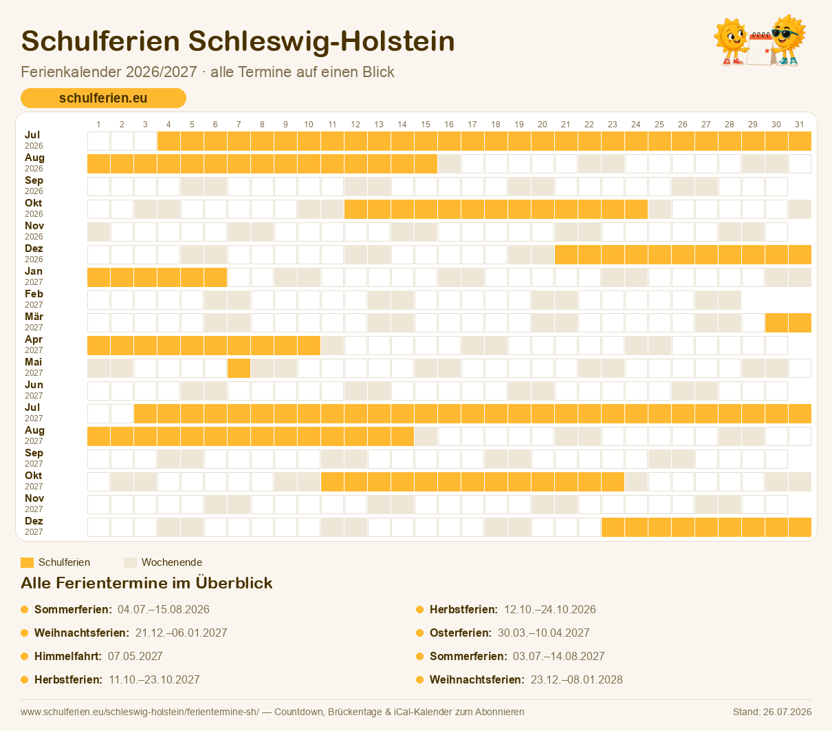 Ferienkalender Schleswig-Holstein 2026/2027: alle Schulferien-Termine als Kalender-Grafik